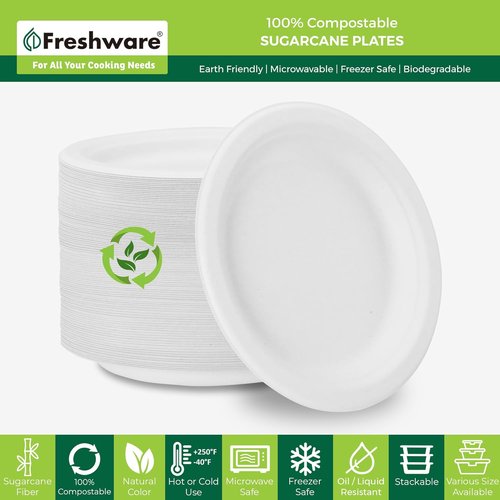 Freshware Paper Plates - Biodegradable 9" Disposable Dinner Plates | Heavy-Duty, Microwave & Freezer Safe - 150-Pack