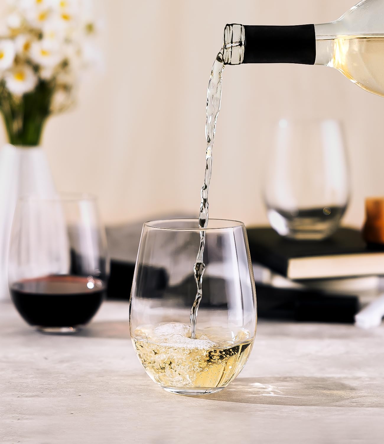 LUNA & MANTHA Stemless Wine Glasses, Crystal Red White Wine Glasses for Daily Use, Hosting, Home Bar, Evening Party, Birthdays, Shower, Housewarming Gift,Clear set of 6,18oz-6