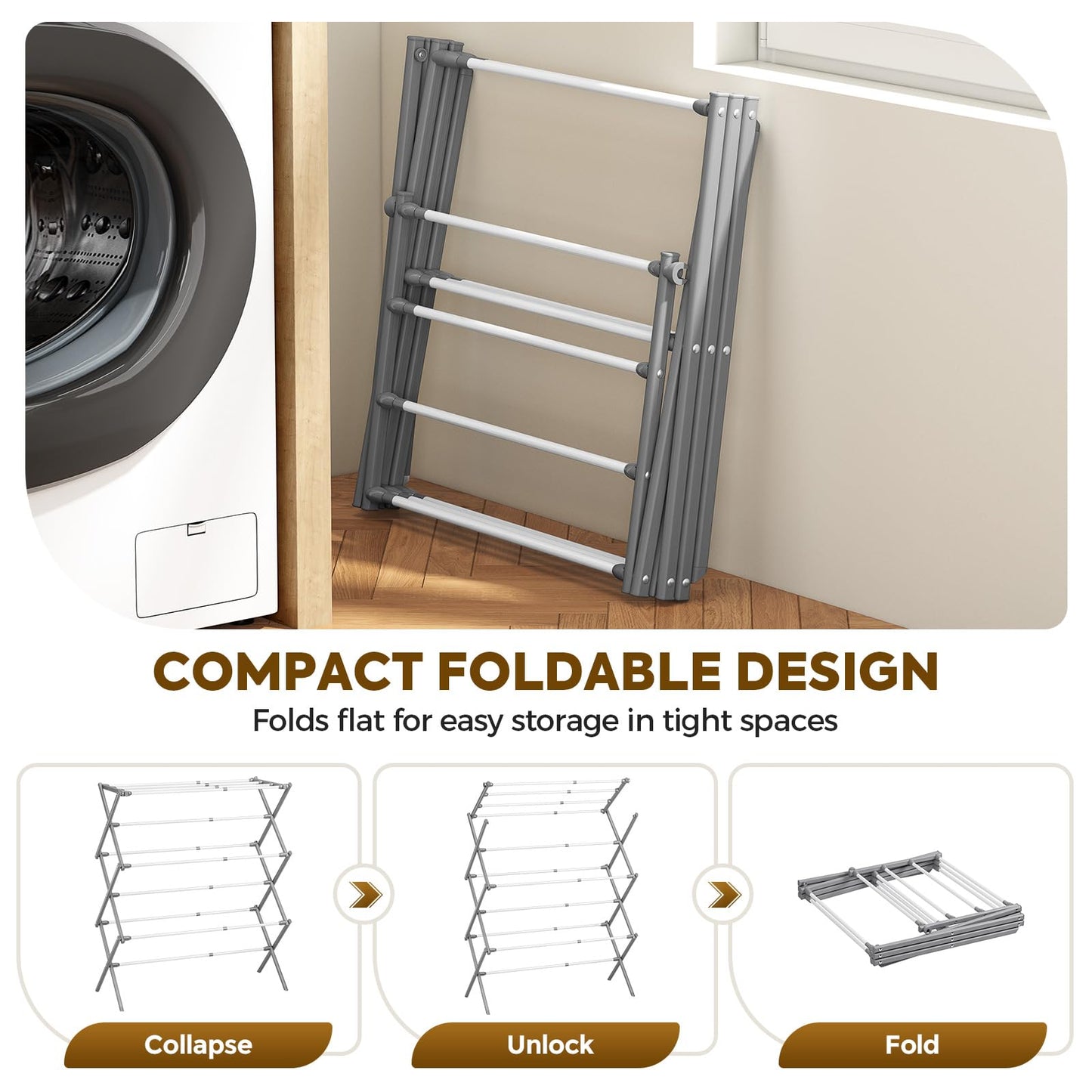 KINGBOARD Clothes Drying Rack, Collapsible Drying Rack Clothing with 11 Poles, 3-Tier Laundry Drying Rack, Small Clothes Drying Rack Foldable for Baby Clothes, 25lb Capacity, White & Grey