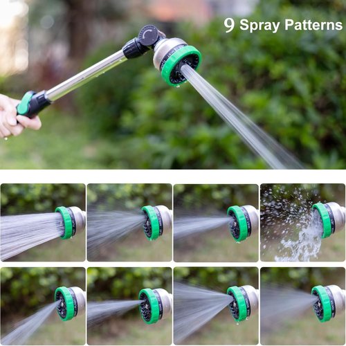 FANHAO 16-Inch Heavy Duty Garden Hose Wand - 9 Spray Patterns & 180° Rotating Nozzle | Ideal for Watering Baskets & Shrubs - Green