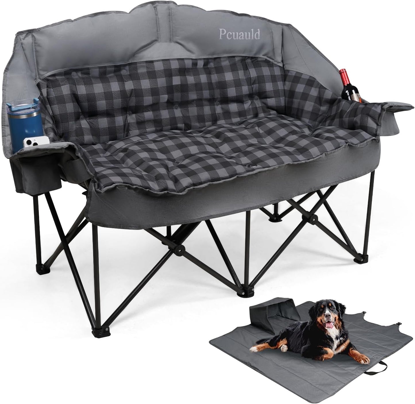 Skiennix Double Camping Chair - Padded Loveseat for 2 | Heavy-Duty Folding Couch with Cup Holders - Gray