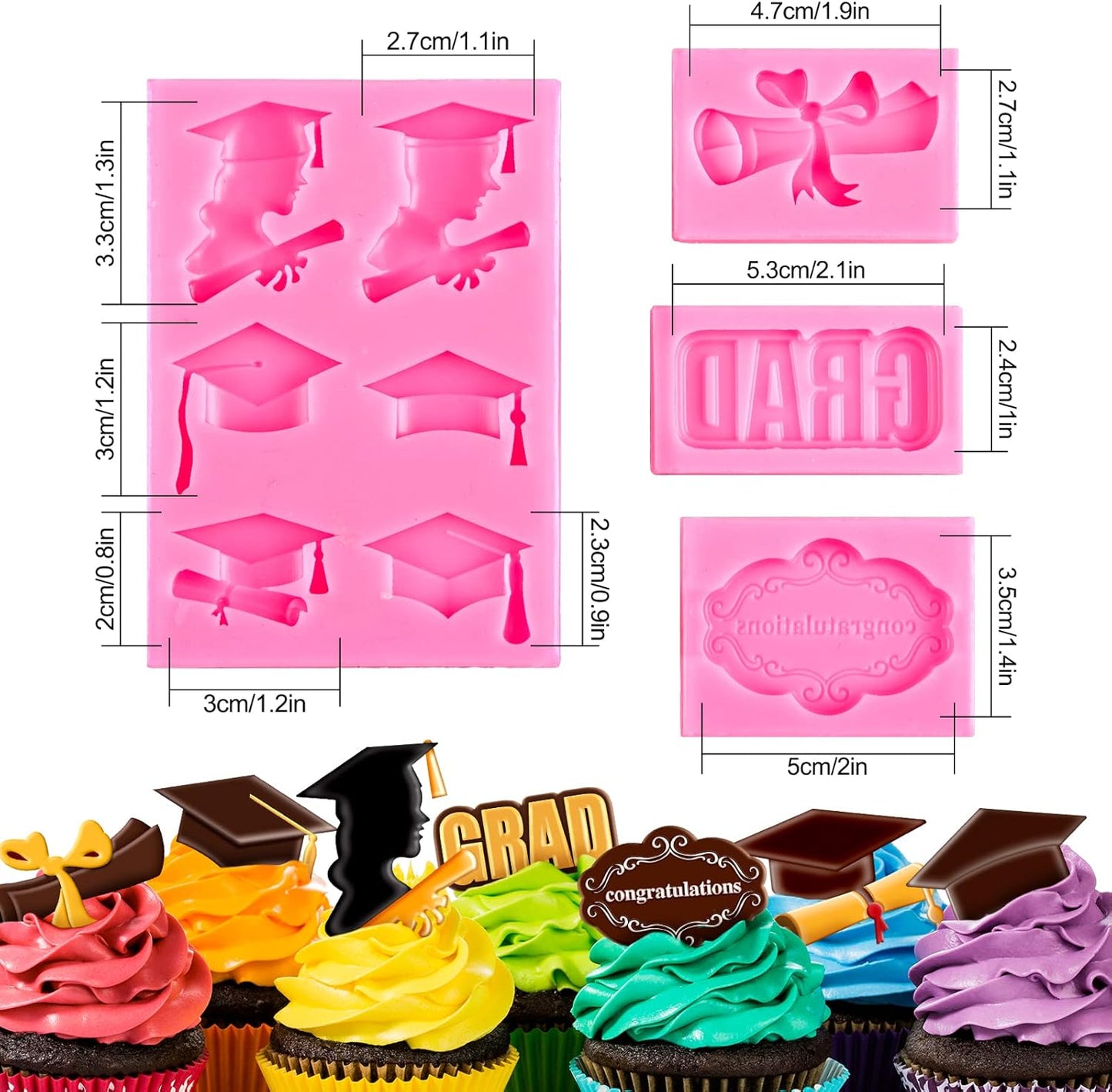 Whaline Graduation Mini Fondant Molds - 4 Pack Silicone Caps & Diplomas for Cake Toppers | Perfect for Parties