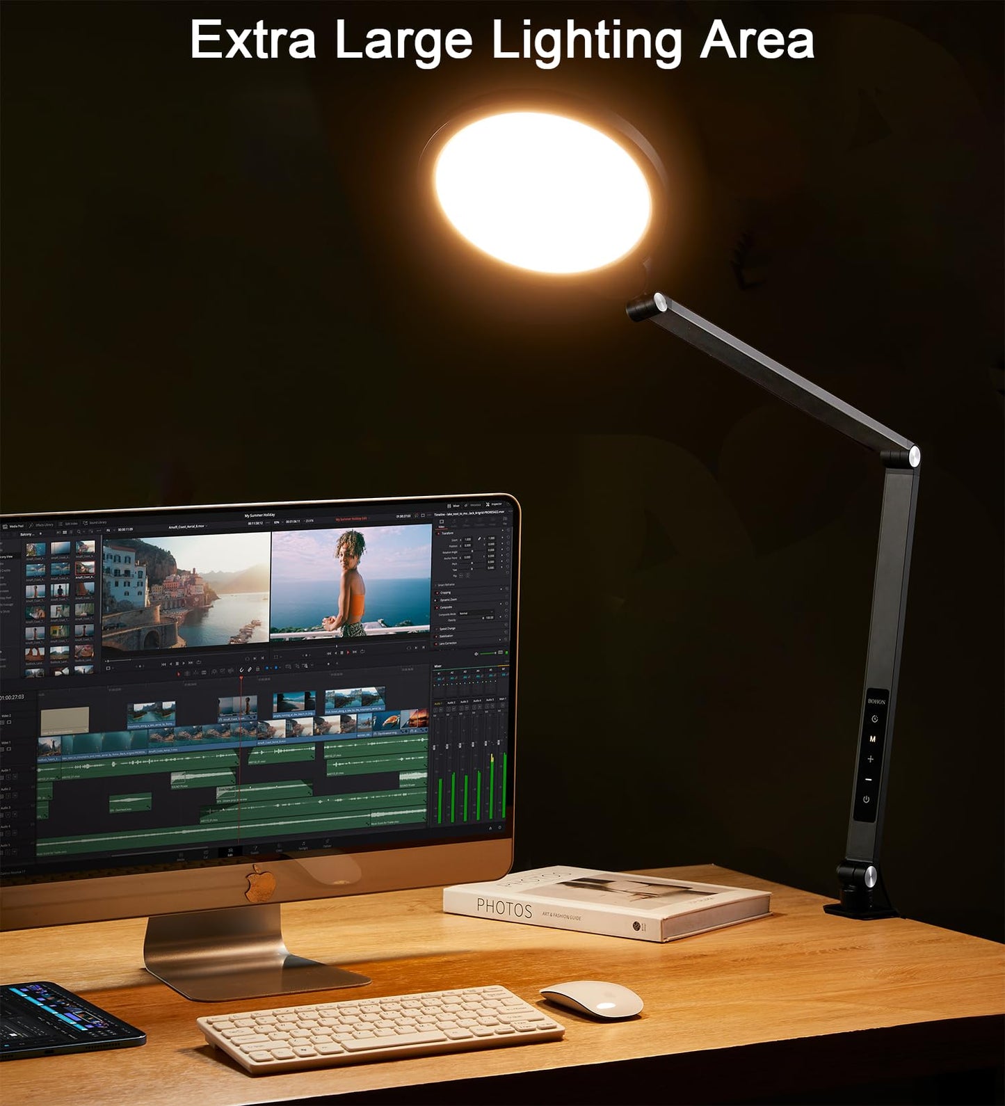 BOHON Desk Lamps for Home Office, 15W 5 Color Modes 10 Brightness Ring Light for Desk, Flexible Swing Arm LED Desk Light with Clamp for Video Conference Lighting Reading Zoom Streaming Table
