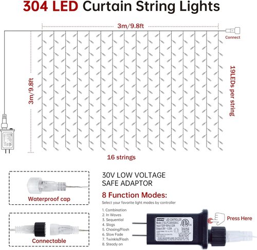 HEYFUNi LED Curtain Lights - 9.8Ft x 9.8Ft Outdoor Fairy Lights with 8 Modes - Perfect for Weddings & Decor