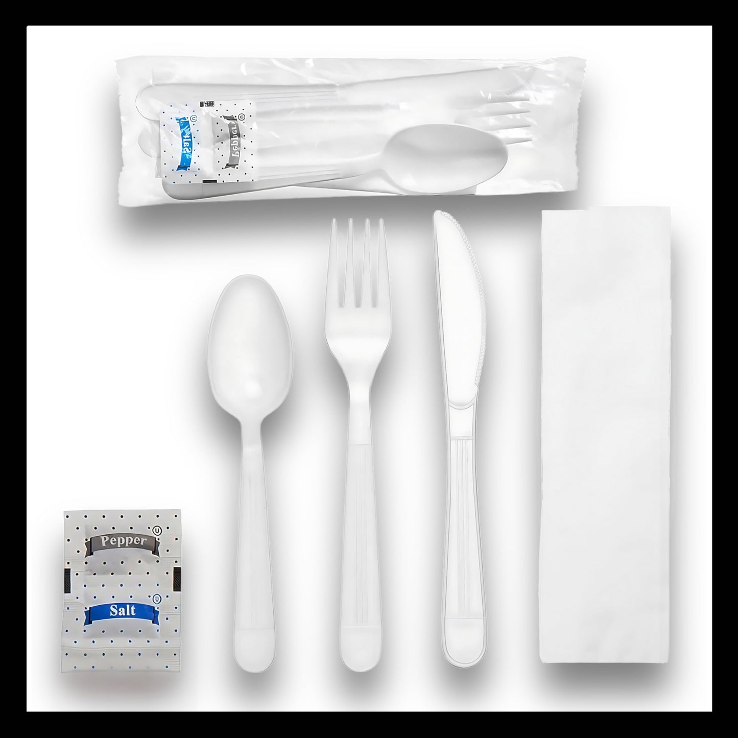 Pokanic Plastic Utensils x [125 Pack] Silverware Wrapped Combo Set Bulk Variety Pack Disposable Cutlery Party Supply Heavy Duty Forks, Spoons, Knives, Napkins, Salt Pepper (125 Pack, White - Set A)