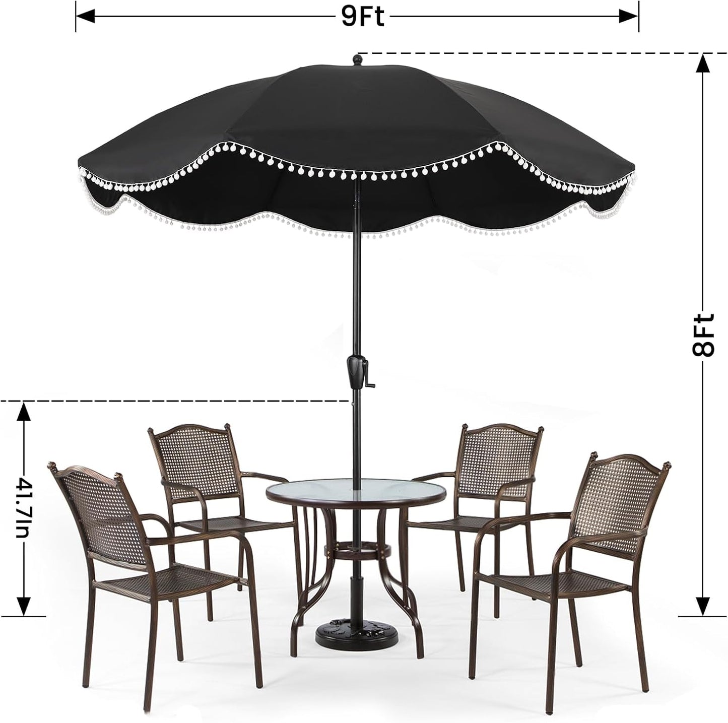 Sun-Ray 9' Patio Umbrella - Black Canopy with White Fringe Accents | Stylish Market Umbrella for Deck & Backyard