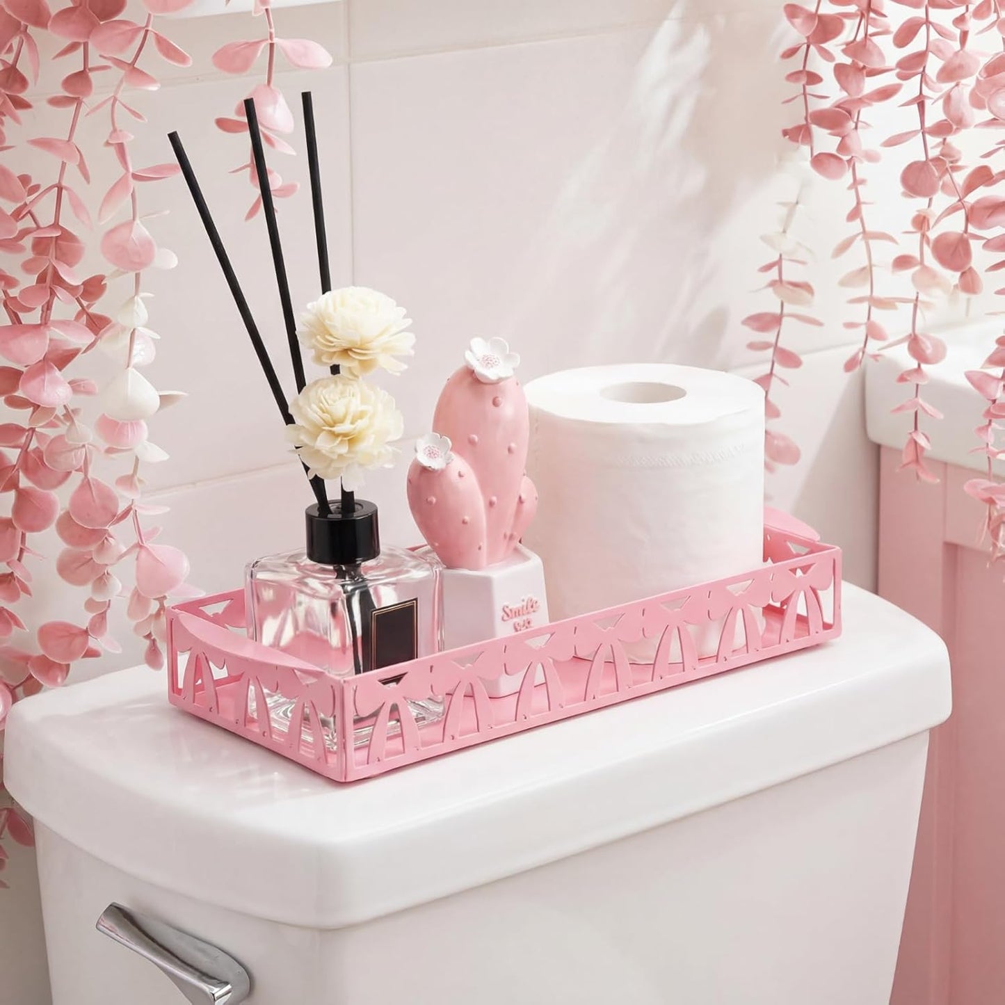 Skiennix Pink Bow Toilet Paper Basket - Cute Metal Holder with Handle for Stylish Bathroom Storage