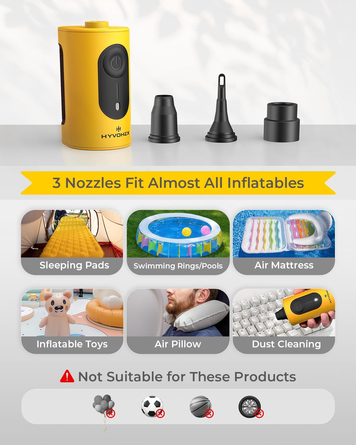 Skiennix Portable Air Pump - 4000mAh Ultra-Fast Electric Inflator with 3 Nozzles for Inflatables