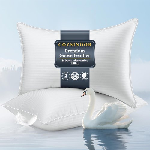 COZSINOOR Goose Feather Pillows - Queen Size Set of 2 | Soft 600 TC Cotton Cover, Fluffy Down Alternative for All Sleepers