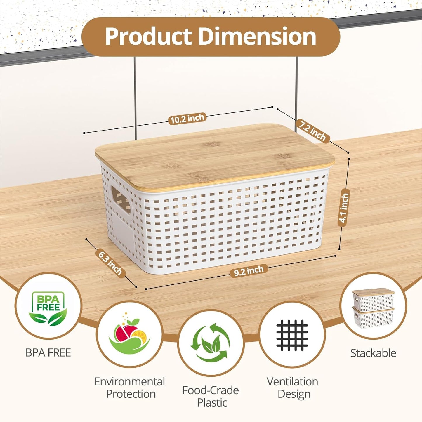 Plastic Storage Baskets - Stackable Organizing Bins with Bamboo Lids | 6-Pack, 10.2x7.2x4.1 Inch, White