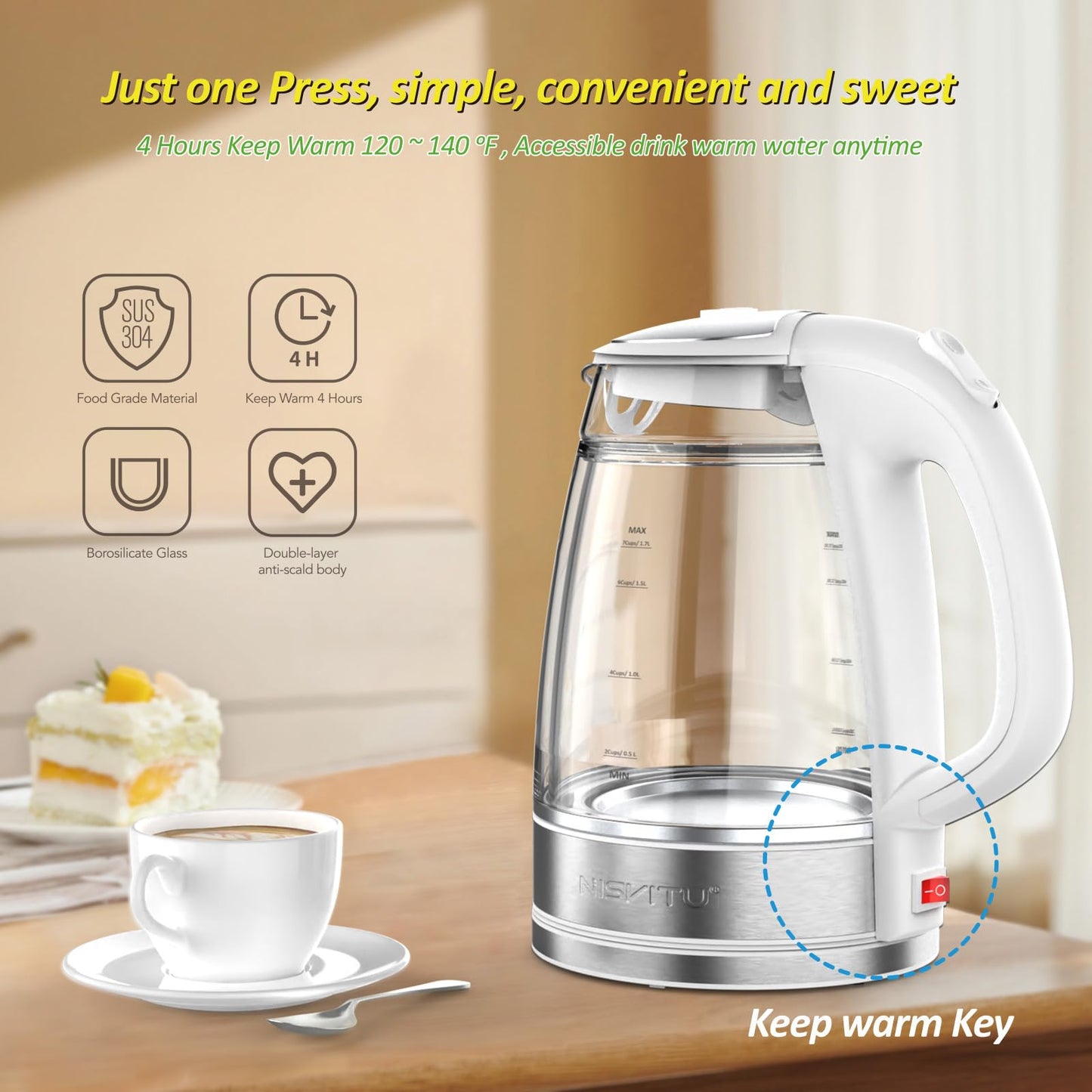 NISVITU Glass & Stainless Steel Cordless Electric kettle for boiling water, Hot water boiler Electric Tea Kettle automatic shut off Boil-Dry Protection, PC Outer + Glass Inner, 1500W, 1.7L, WH