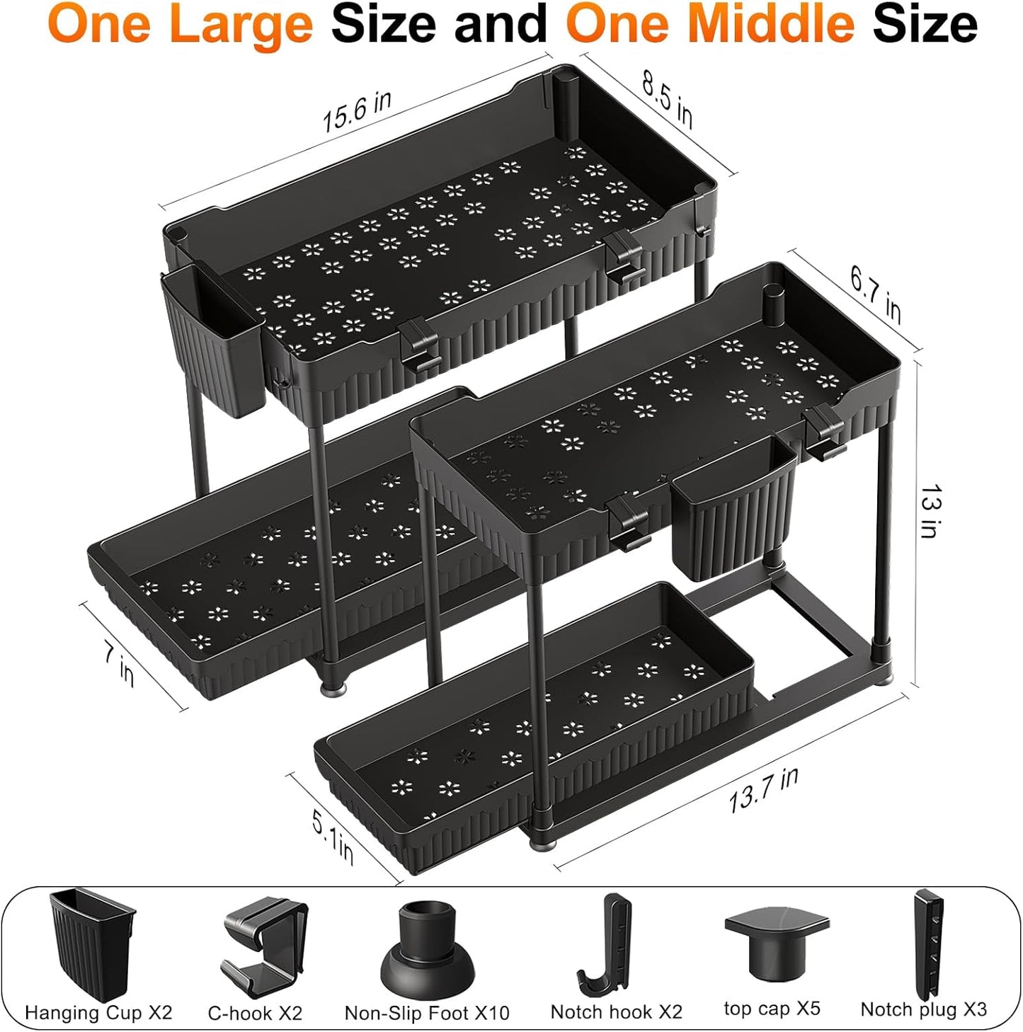 Sevenblue Under Sink Organizer - 2 Tier Multi-Use Pull Out Cabinet Storage with Hooks & Cups | Black, 2 Pack