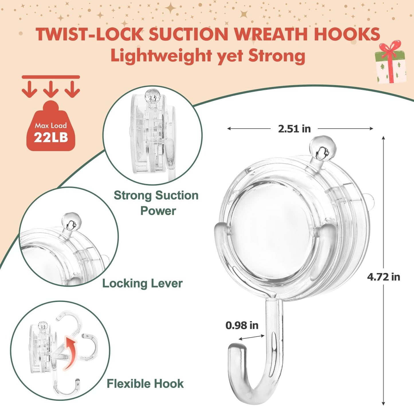 VIS'V Wreath Hanger, Large Twist Lock Suction Cup Wreath Hooks, Heavy Duty, 22 LB Capacity, Removable and Reusable, Round, Clear, 2 Pcs