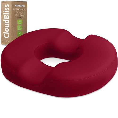 CloudBliss Donut Pillow Seat Cushion Chair Pad for Tailbone Pain Relief and Hemorrhoids, Memory Foam Seat Chair Cushion for Men and Women for Home & Office, (Red-XL)