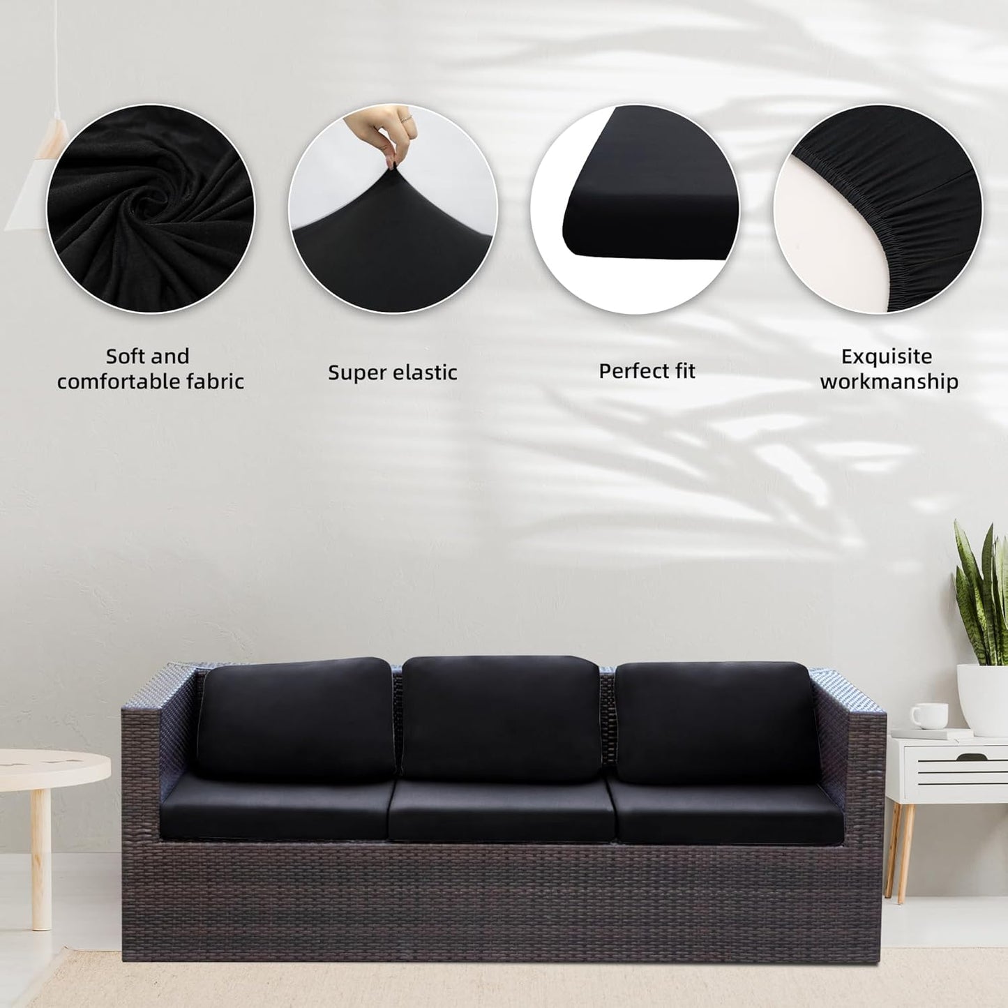 Skiennix 8-Piece Stretch Patio Cushion Covers - Washable Outdoor Couch Slipcovers | Black