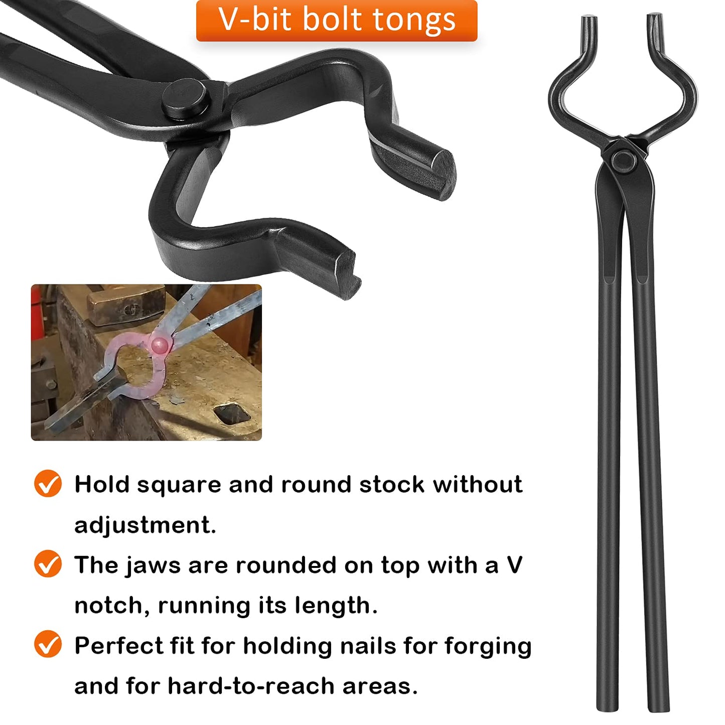 Blacksmith Forging Tools Knife Making Tongs Set Fire Tongs Anvil Blacksmithing Tongs Forge Tools Includes V-Bit Bolt Tongs, Wolf Jaw Tongs, Flat Tongs, Blade Tongs (Pack of 4)