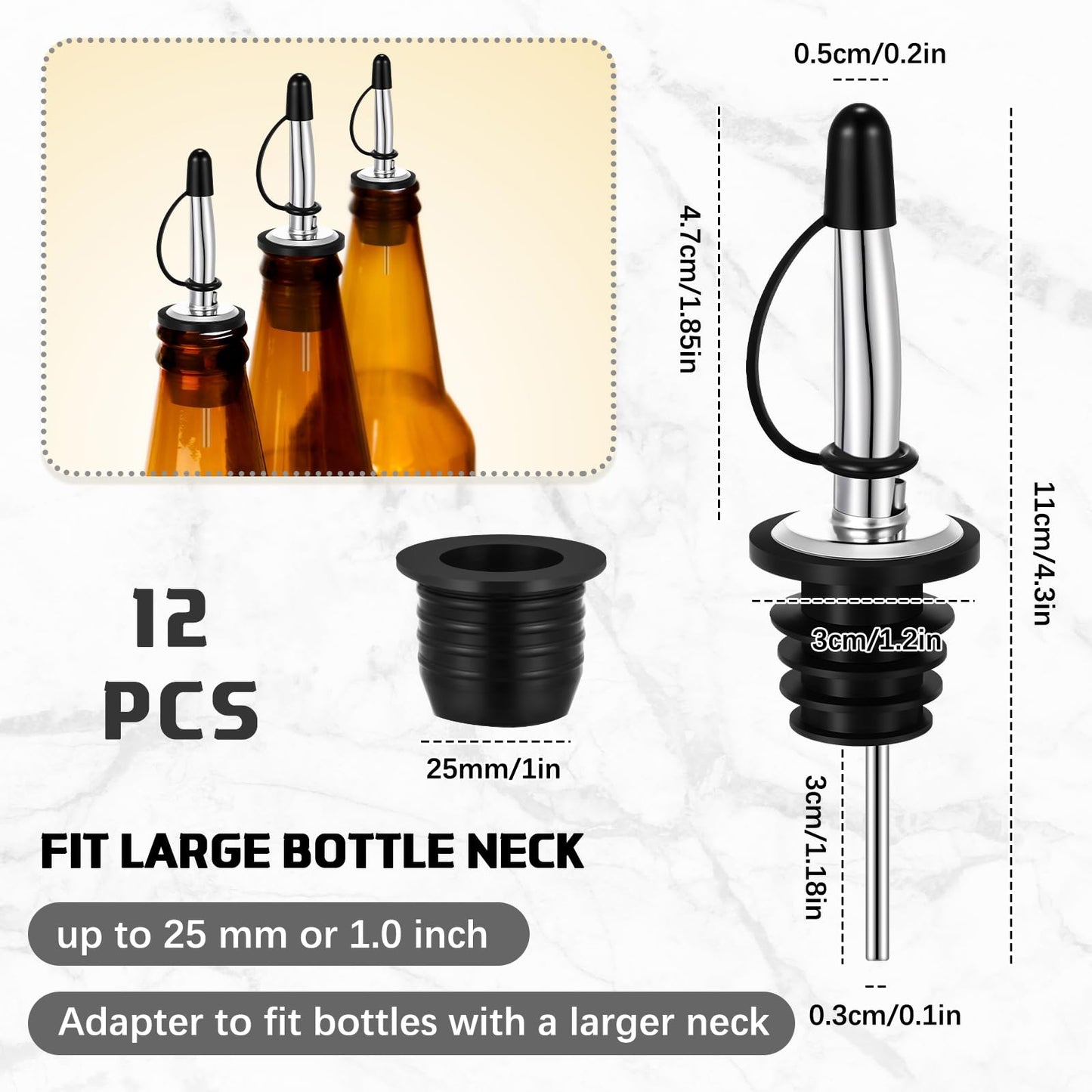 12 Pack Liquor Pour Spouts with Bottle Adapters, No Drip Pour Spouts for Large Neck Liquor Bottles, Bottle Pourers for Alcohol, Home Bar, Cocktails, Olive Oil up to 1 Inch/25 mm Neck