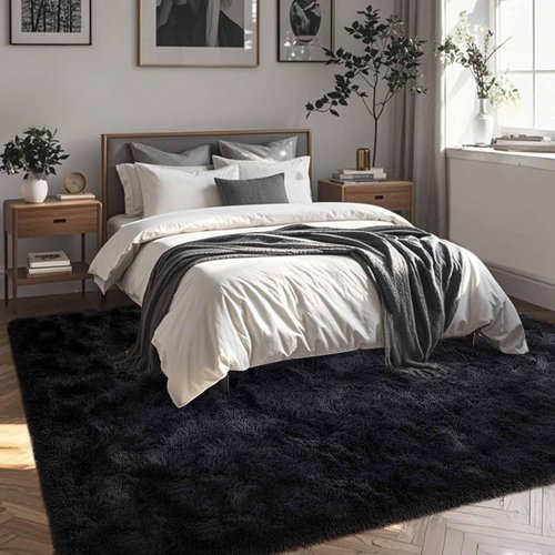 FinRèc Soft Black Area Rug - Modern Fluffy Shaggy Design for Bedroom & Living Room | 4x6 Feet Non-Slip Furry Carpet