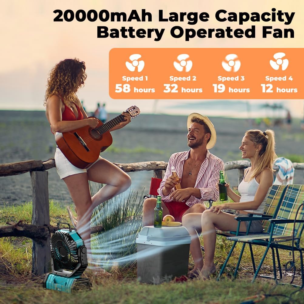 Skiennix Camping Fan - 20000mAh Rechargeable Battery Fan with LED Lantern | Portable Outdoor Tent Fan, Blue