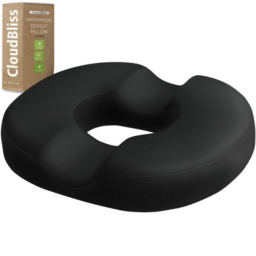 CloudBliss Donut Pillow Seat Cushion Chair Pad for Tailbone Pain Relief and Hemorrhoids, Memory Foam Seat Chair Cushion for Men and Women for Home & Office, (Black-2XL)