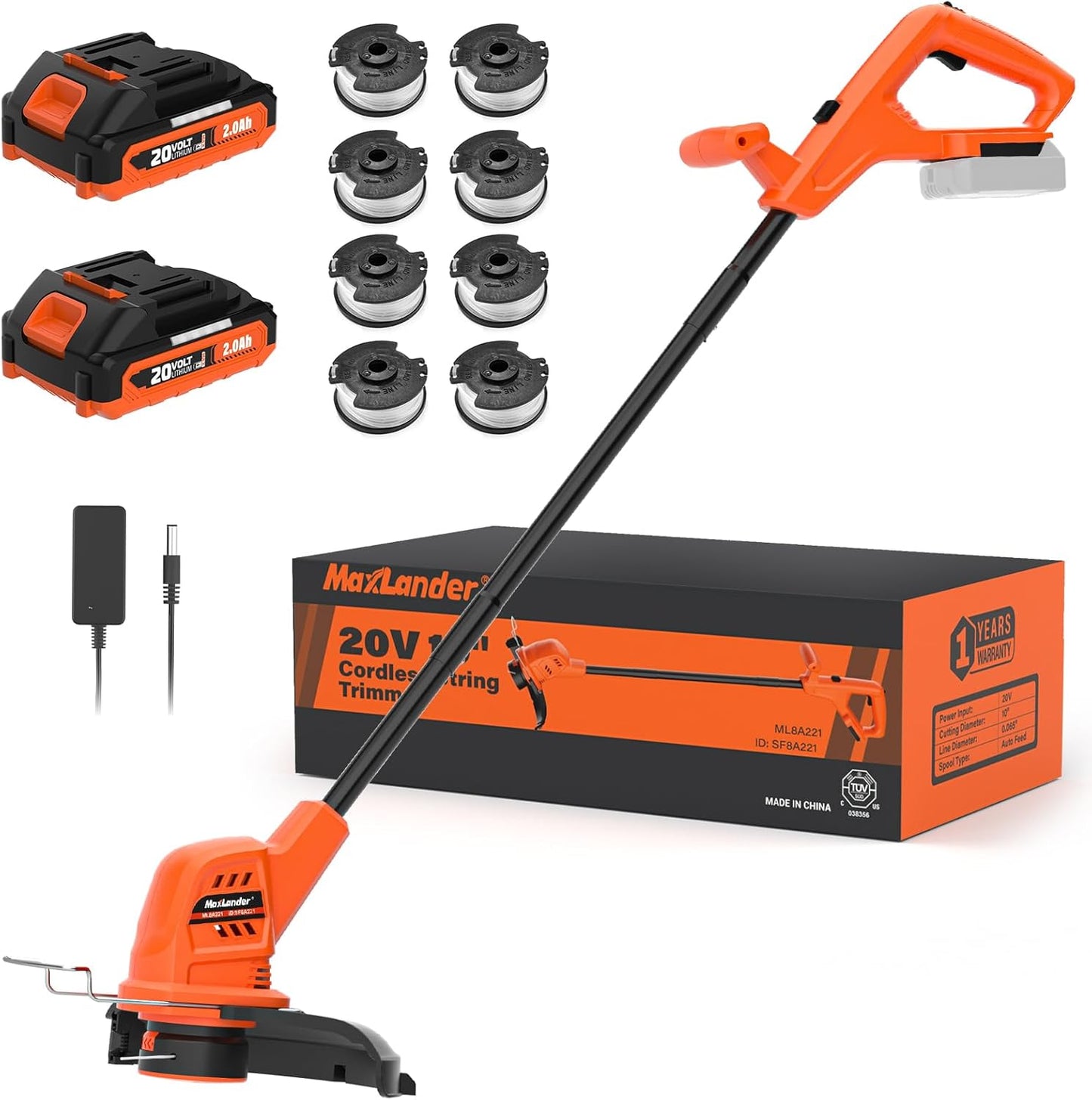 MAXLANDER Cordless Weed Wacker - 20V 10-Inch Lightweight String Trimmer with 8 Spools & 2 Batteries