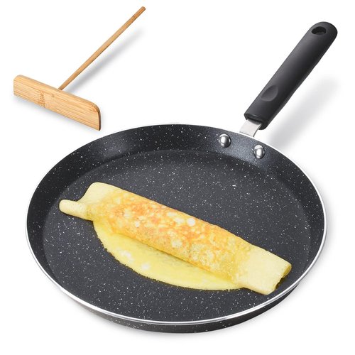 BUECMUE 10.5 Inch Nonstick Crepe Pan with Spreader Induction Compatible, for Egg Omelet and Flat Pancake Frying Pan, PFOA & PTFEs Free (Black)