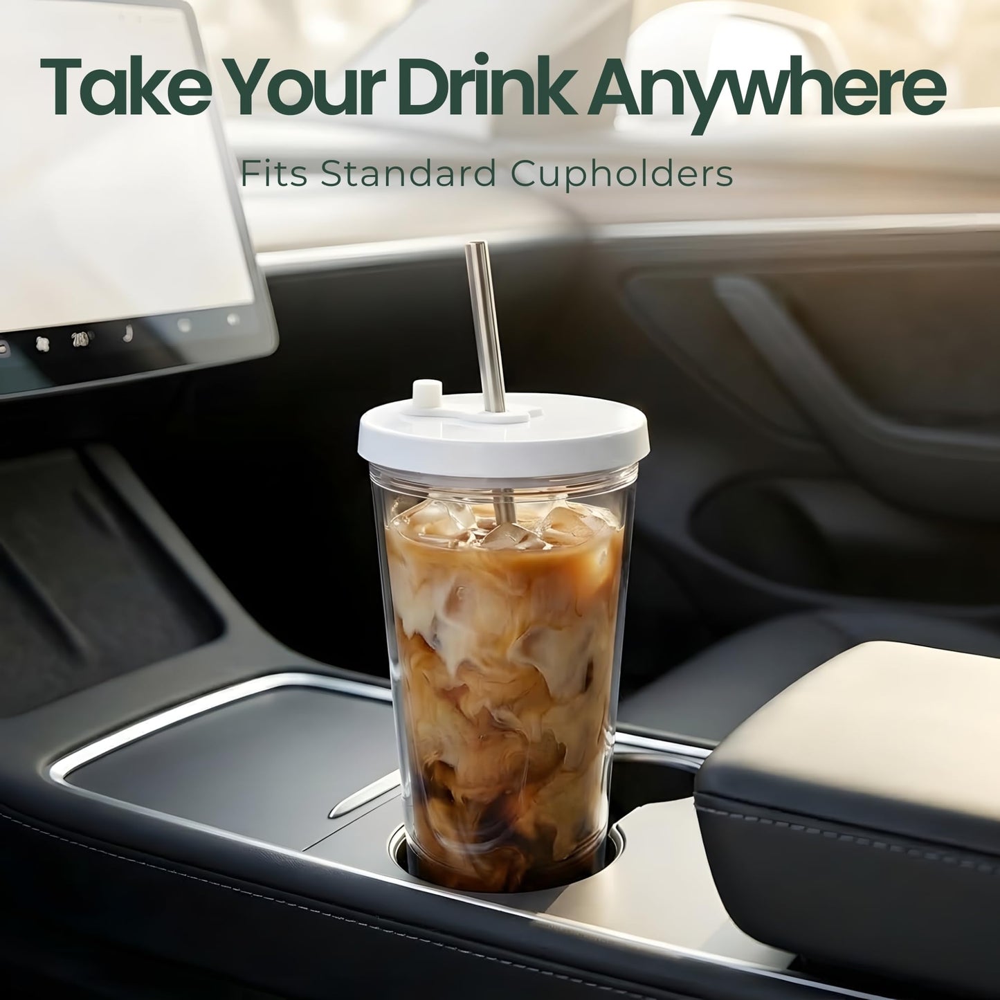 Kensal Home Reusable Iced Coffee Cup (24 Oz/Venti), Leak Proof and Double Wall Insulated Iced Coffee Tumbler, Come with Reusable Plastic and Metal Straws and Straw Cleaner - White