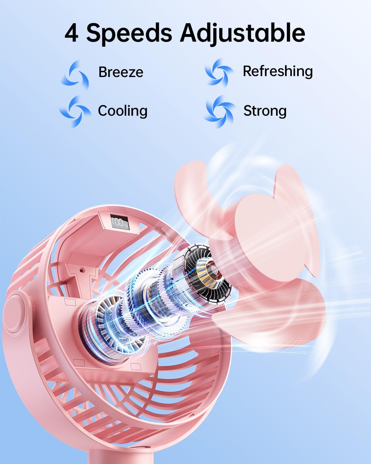 Sweetfull Portable Stroller Fan - 4-Speed Rechargeable Mini Clip-On Fan with LED Display | Pink