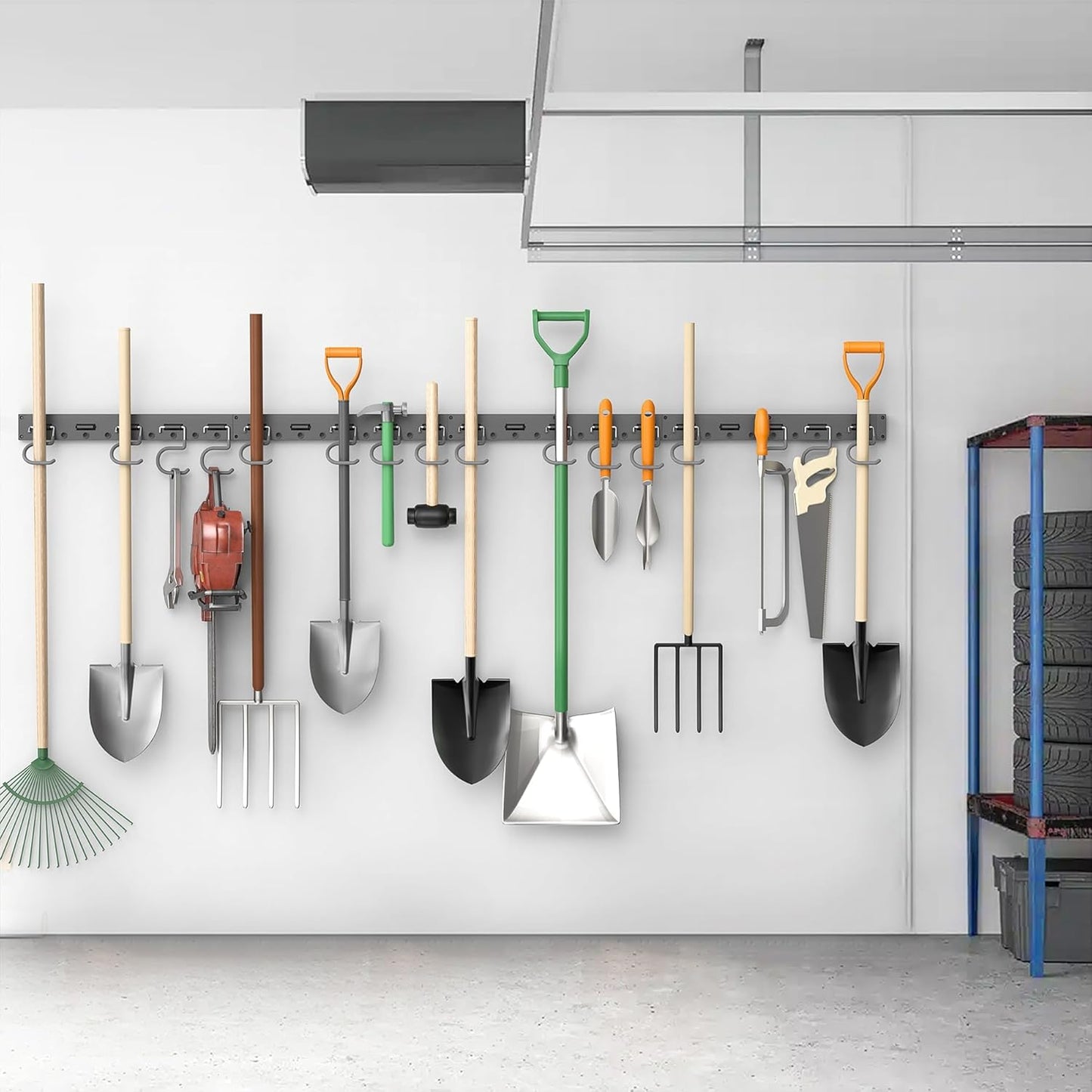 TORACK Wall-Mounted Mop and Broom Holder - Garden Tool Organizer with 4 Tracks & 16 Hooks