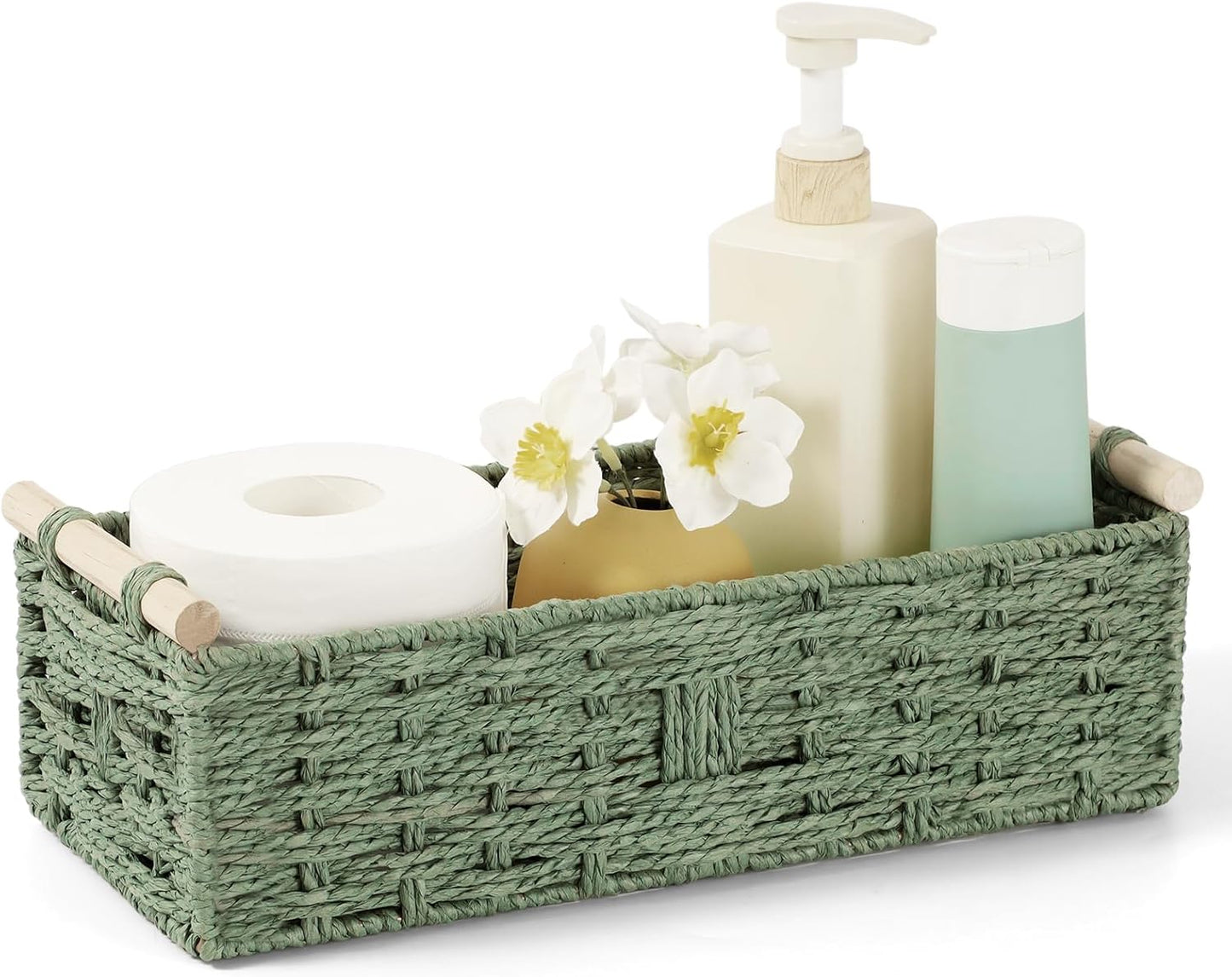 Regine Switzerland Toilet Paper Storage Basket - Decorative Wicker Design with Wooden Handles | Green Paper Rope for Bathroom Decor