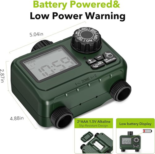 BN-LINK Sprinkler Timer - 2-Zone Programmable Water Timer with Rain Delay for Lawns & Gardens | Waterproof LCD Display