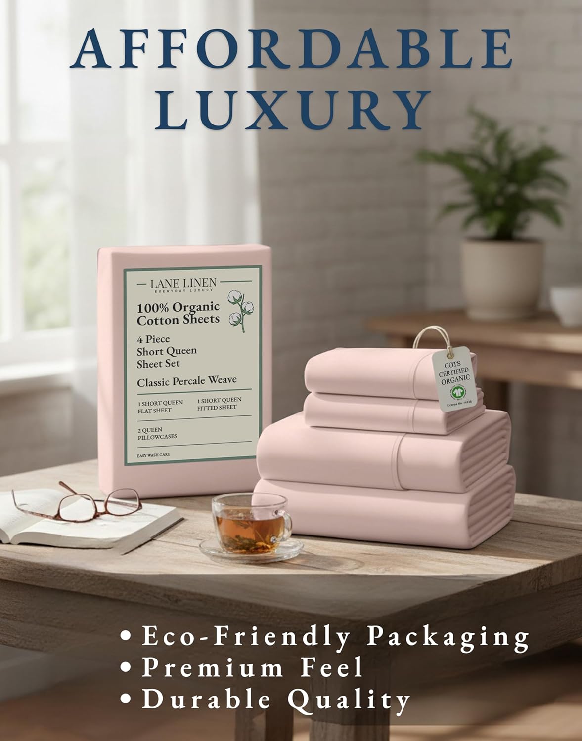 LANE LINEN RV Queen Sheets Set - 100% Organic Cotton with 15" Deep Pocket Fitted | Short Sepia Rose