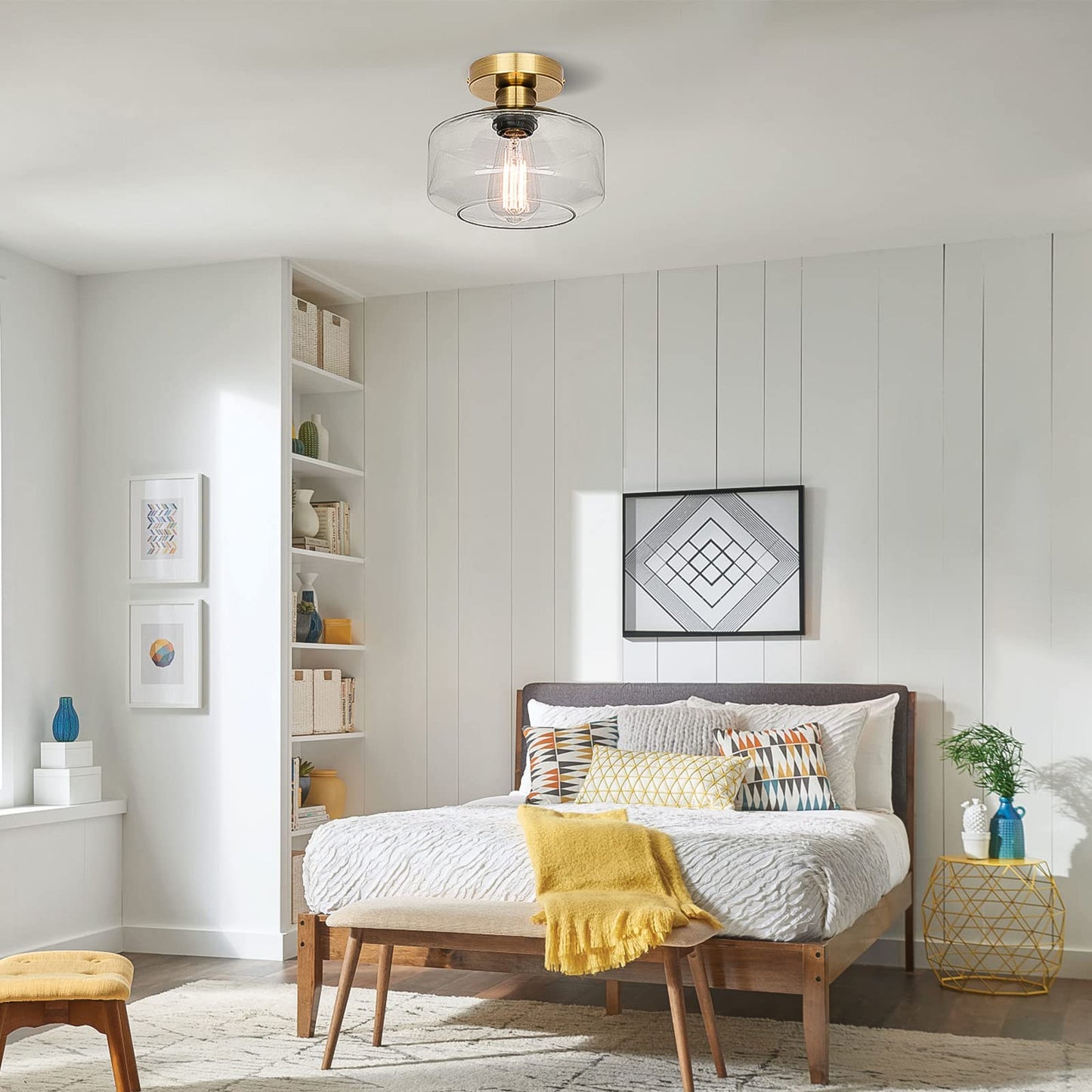 MAXvolador Industrial Semi Flush Mount Ceiling Light Gold, Clear Glass Pendant Lamp Shade, Farmhouse Lighting Hallway, Vintage Hanging Light Fixture