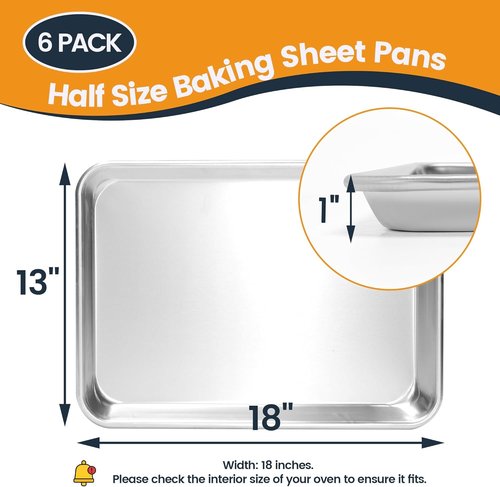 Half Size Baking Sheet Pan - Durable Aluminum Cookie Sheet | 6 Pack, Anti-Stick 18” x 13”