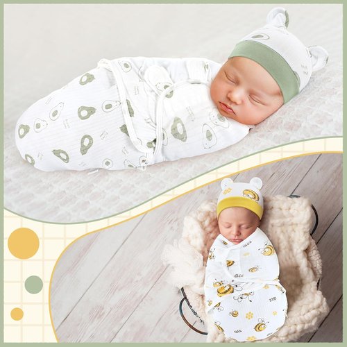 Buryeah Preemie Swaddle Blanket Wrap Set - 4 Pack with Hat for Baby Boys & Girls (3-7 Lbs)