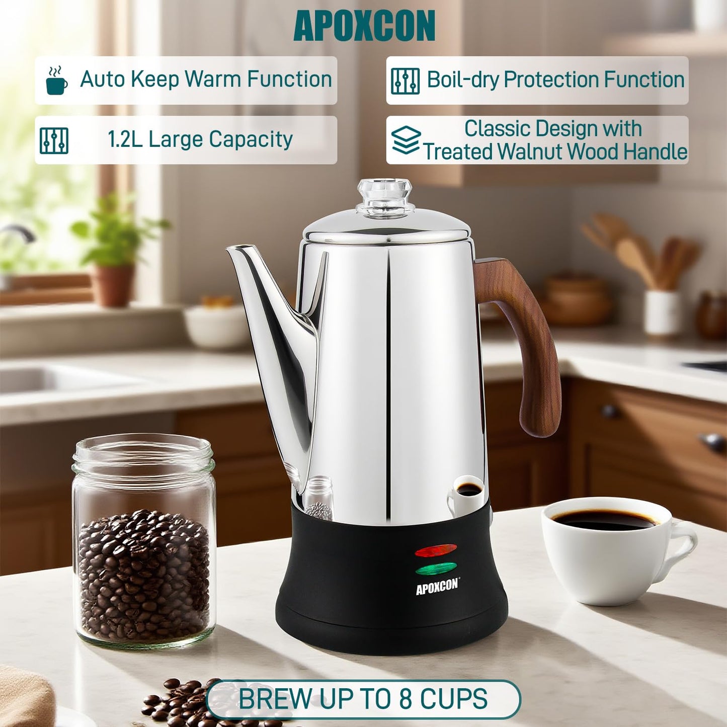 APOXCON Electric Coffee Percolator Stainless Steel Coffee Maker with Two Heat Resistant Glass Knob & Treated Solid Wood Handle Keep Warm Cordless Serve Elegant Design Coffee Pot On/OFF Switch 8 Cup