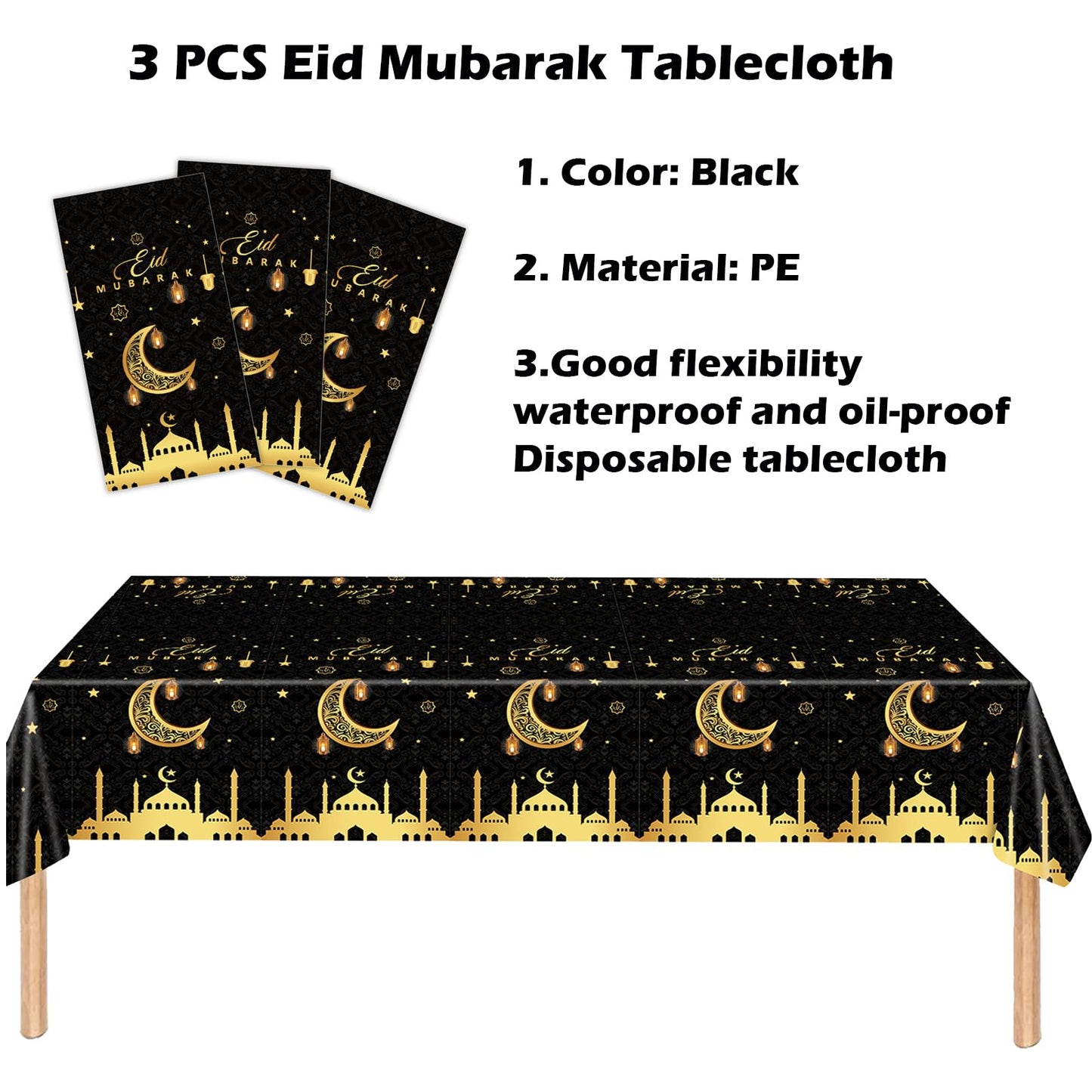 3 Pack Ramadan Decorations Ramadan Table Cloth, Black and Gold Eid Mubarak Tablecloth, 108x54 inch Ramadan Mubarak Table Cover, Ramadan Eid Decorations for Home, PE Plastic Disposable Tablecloth