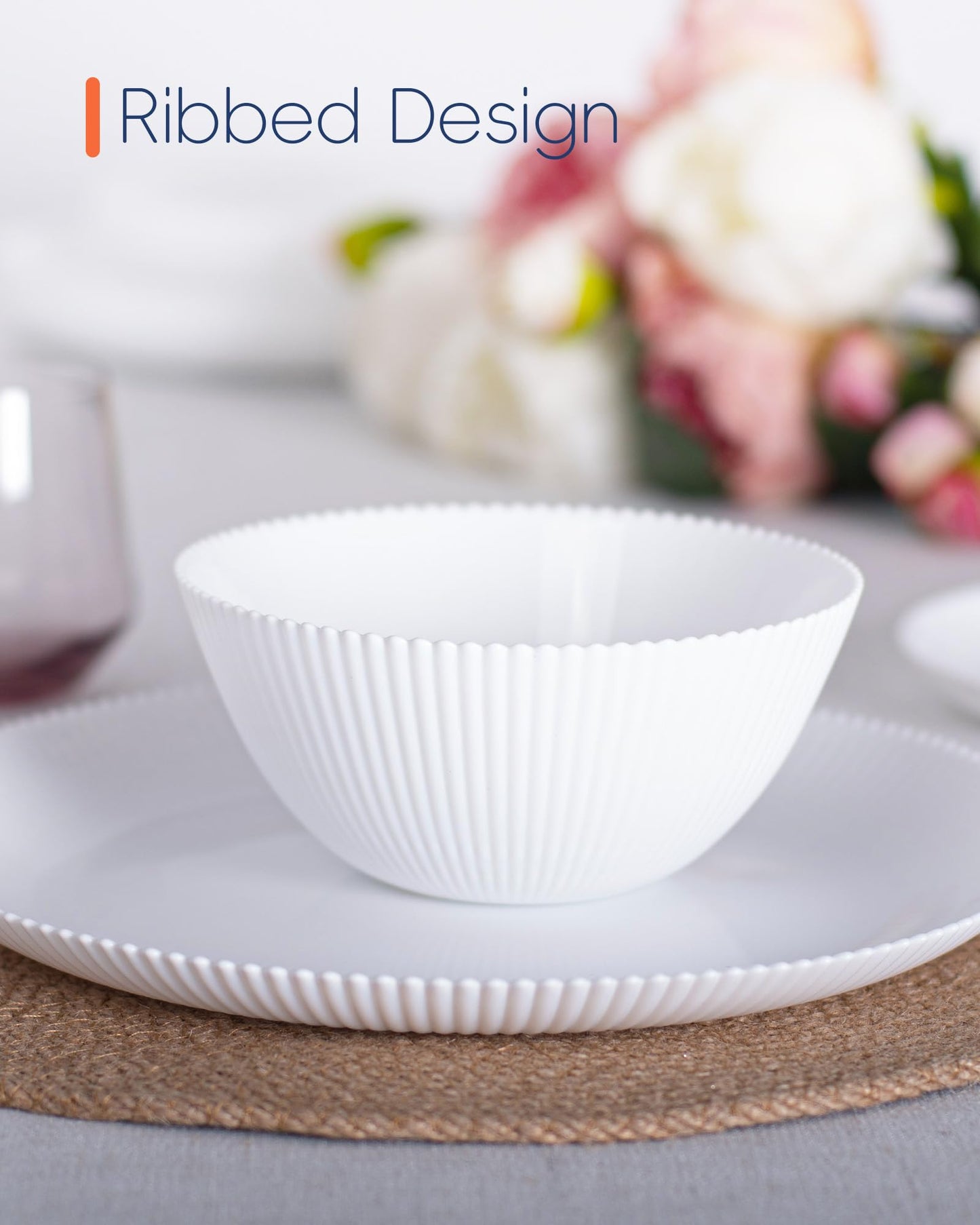 LaGlint 20 OZ Max White Opal Glass Cereal Bowl Set of 6, 6 inch Dishwasher & Microwave Safe Round Ribbed Bowls for Kitchen, Salad, Soup and Rice
