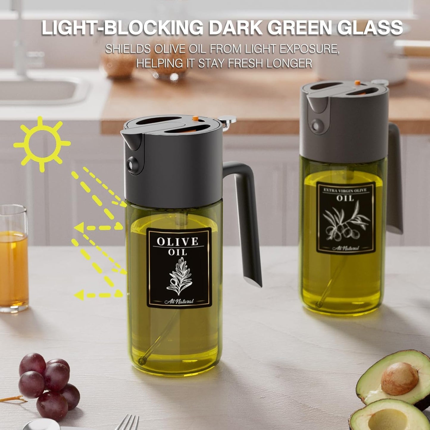 Skiennix 2-In-1 Light-Blocking Dark Oil Sprayer - 500ml Glass Olive Oil Dispenser, Even Spray for Cooking & BBQ - Dark Green
