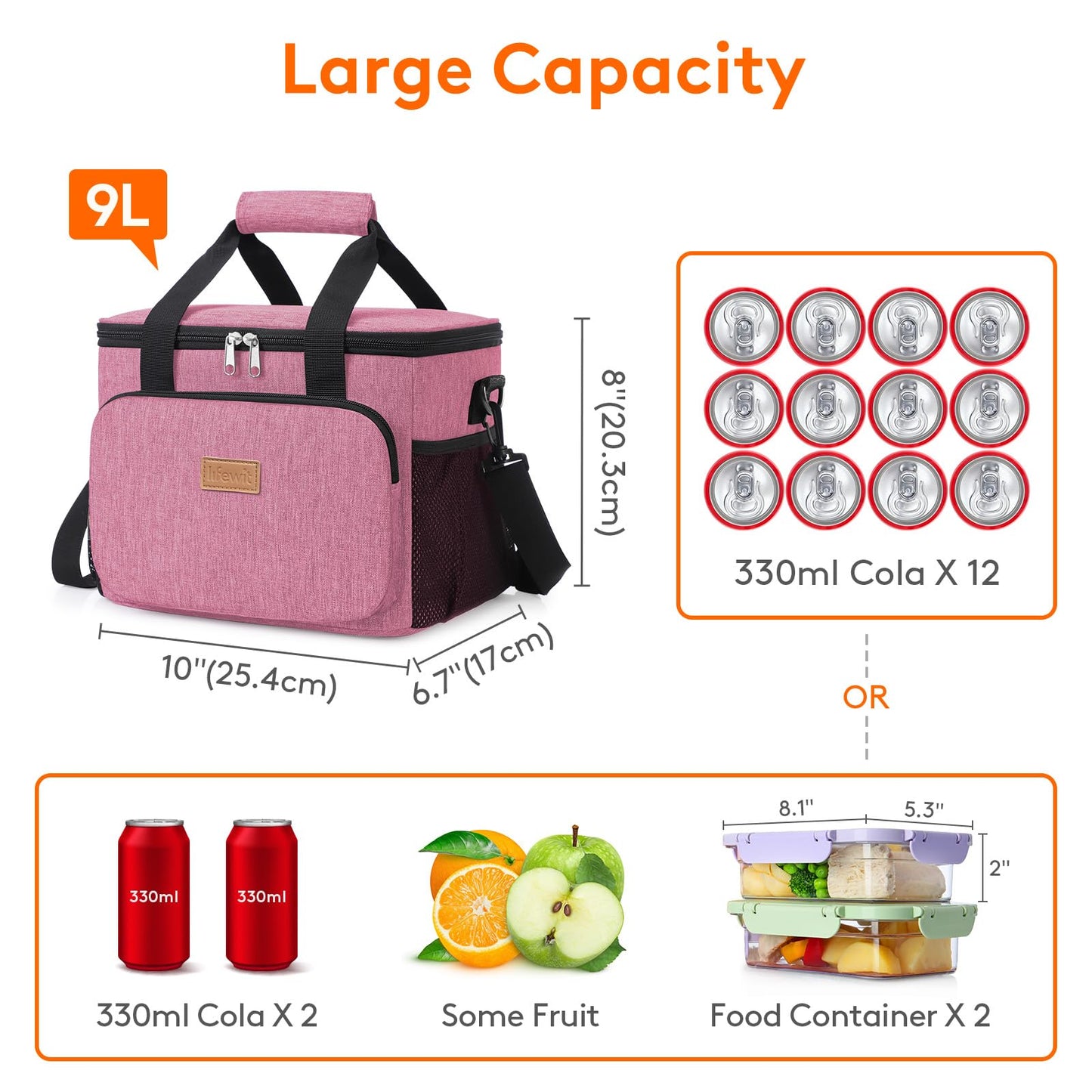 Lifewit Medium Lunch Bag, Insulated Lunch Box, Soft Cooler Cooling Tote for Adult Men Women, Pink 12-Can (9L)