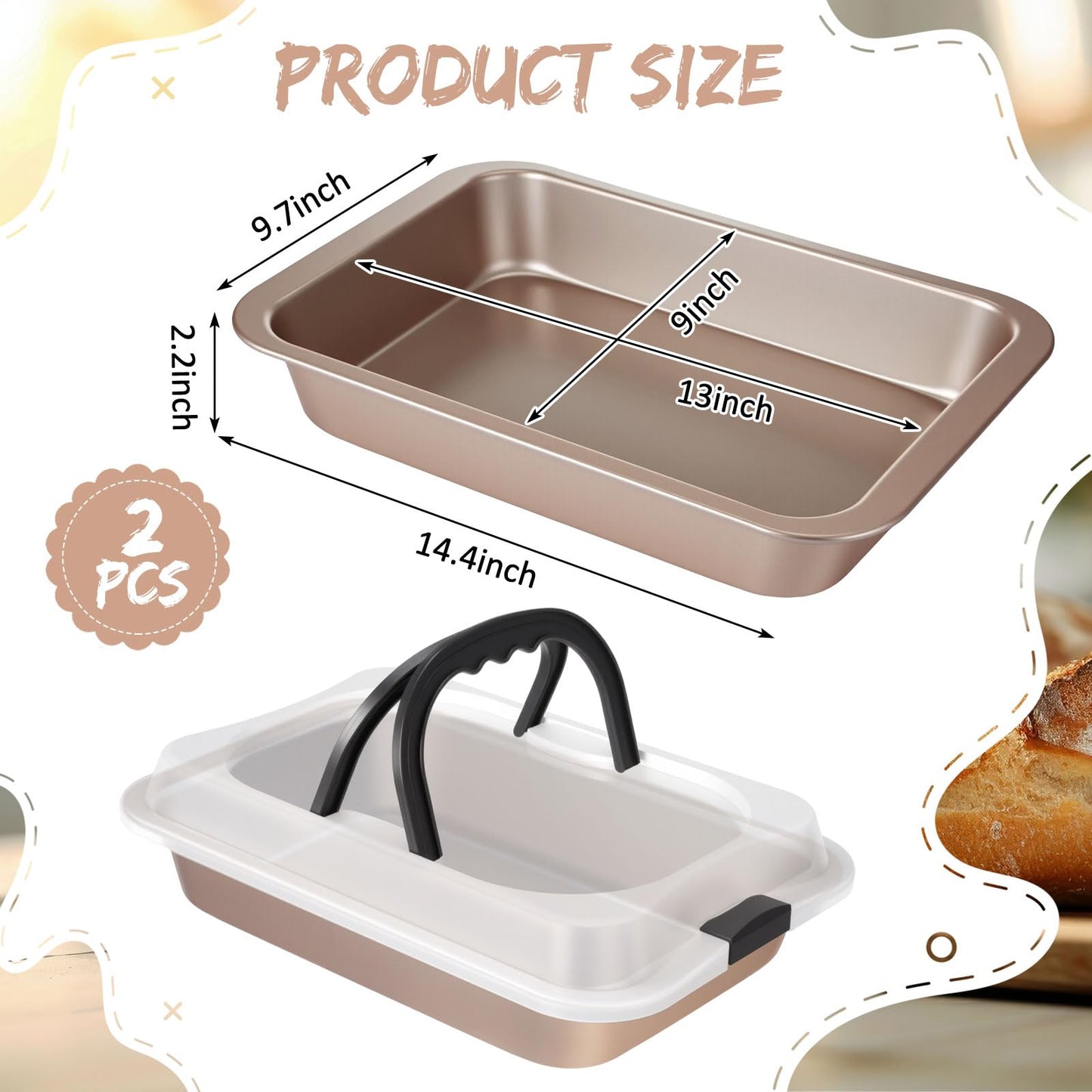 Qinyoung 2 Pcs Cake Baking Pan with Lid and Handle, 9 x 13 Inch Non-stick Rectangle Sheet Cake Pan Carrier for Brownie Roasting Cooking Baking (Gold)