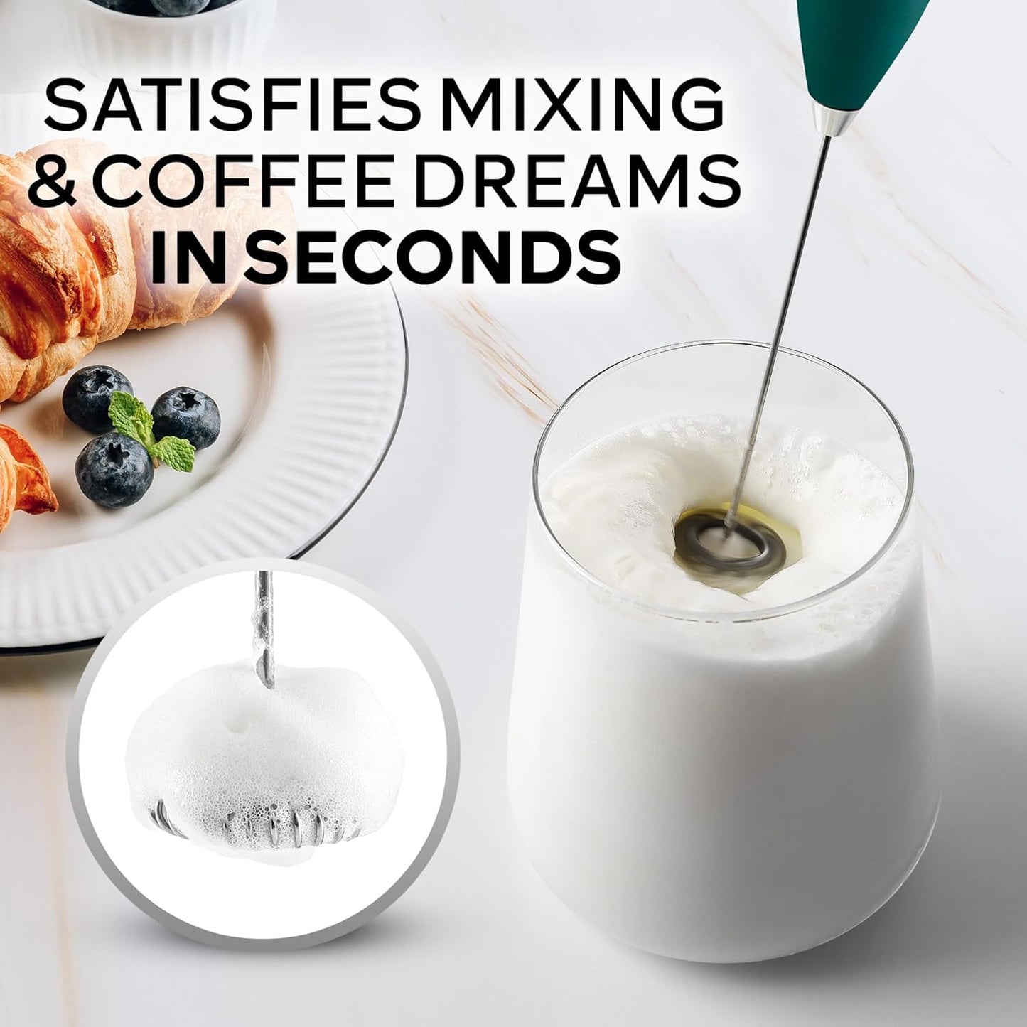 Zulay Kitchen Milk Frother Wand - Ultra Fast Handheld Electric Whisk for Coffee & Lattes - Dark Green