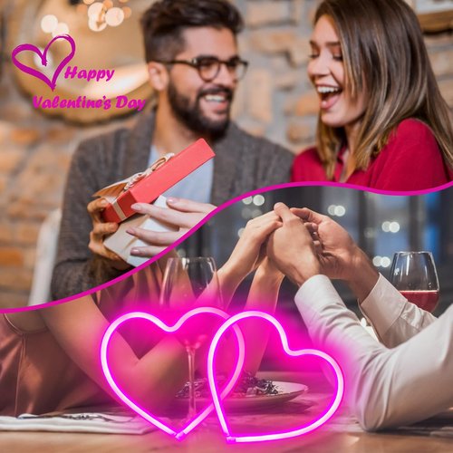 2-Pack Pink Heart Neon Sign, Neon Heart Lights Battery Operated or USB Powered For Valentines Day Decorations, LED Valentines Lights for Wedding Proposal Anniversary Mothers Day Girls’ Bedroom Decor