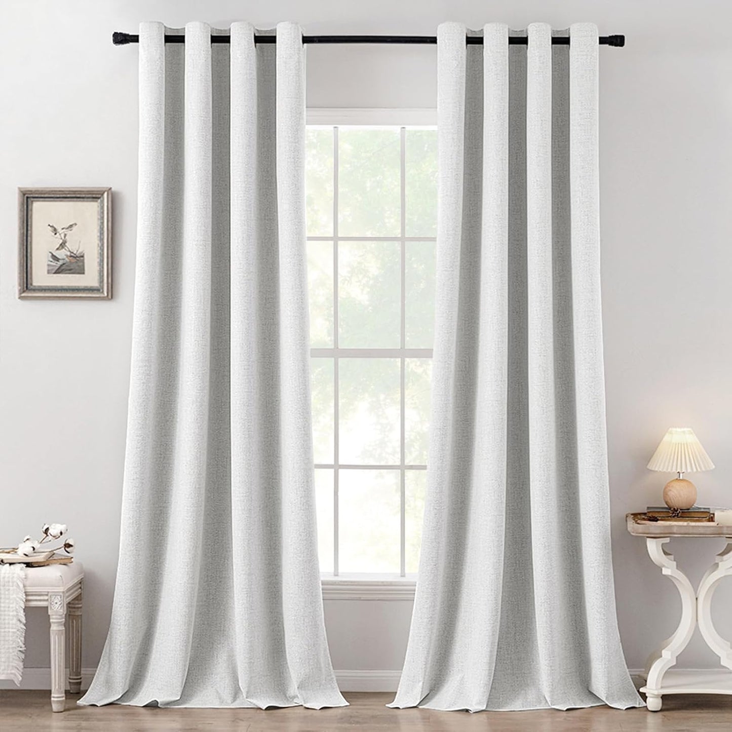 MIULEE Blackout Linen Textured Curtains - Thermal Insulated Heathered White Drapes | 52 x 108 Inch (2 Panels)