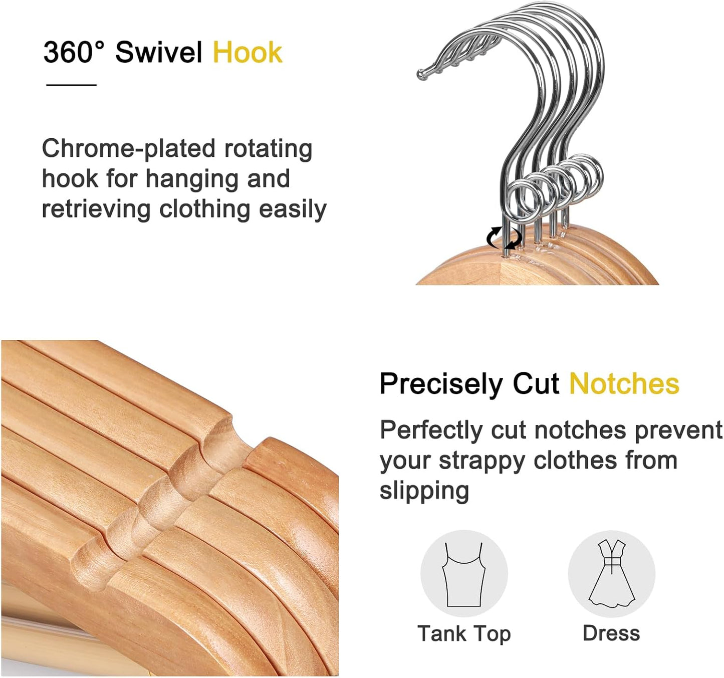 TOPIA HANGER Wooden Hangers - 30 Pack Space-Saving Design with 360° Swivel Hook & Non-Slip Bar