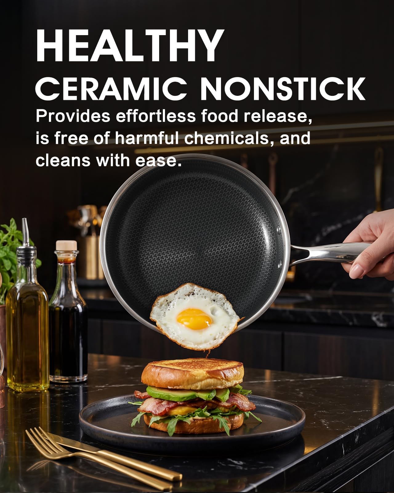 10 Inch Non Stick Frying Pan with Lid, Hybrid Nonstick Stainless Steel Skillet Pan with Stay-cooling Handle, PFOA Free Non Toxic Dishwash & Oven Safe Kithchen Cookware Set Compatible All Cooktops