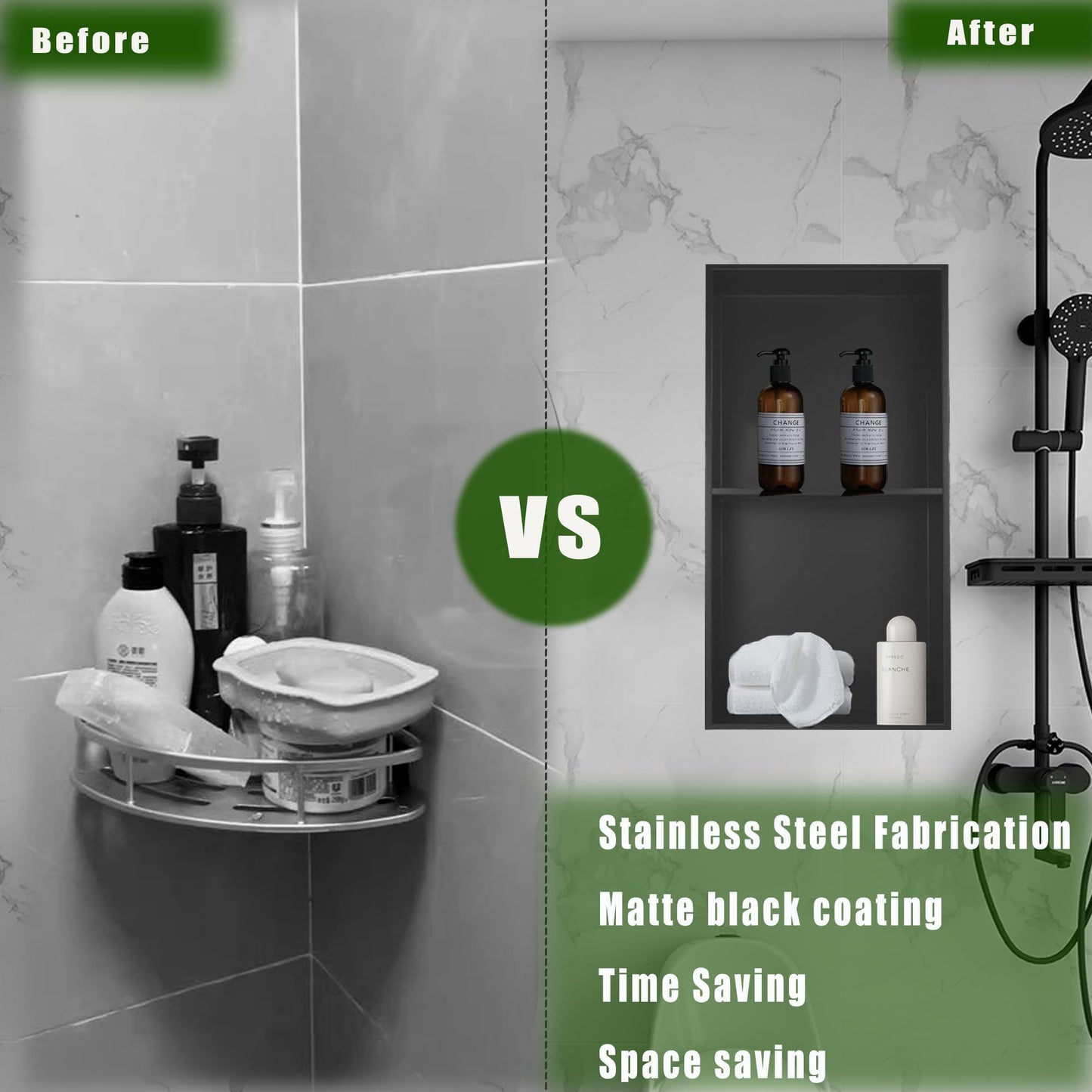 HOTIS 12"×24" Black Double Selves Shower Niche, Stainless Steel Recessed Bathroom Niche, No Tile Needed Bathroom Wall Niche, Waterproof Recessed Wall Mounted Insert Storage Caddy, Matte Black