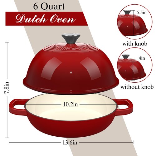 Enamelled Cast Iron Dutch Oven Pot – Dutch Oven Pot with Lid For Sourdough Bread Baking – Cast Iron Bread Oven – Red, Umite Chef 6QT Pot with Lid & Cotton Potholders