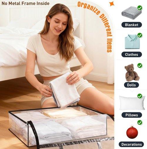 Clear Under Bed Storage Containers - 4 Pack Large Capacity Clothing Organizer Totes with Lid & Handles | Foldable Bags (60L)