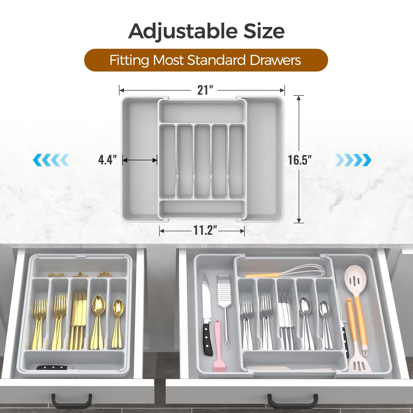 ukeetap Extra Large Expandable Silverware Organizer, BPA-Free Food-Safe Cutlery Flatware Organizer, Kitchen Utensil Drawer Organizer, Adjustable Silverware Holder for Spoons Forks Knives, Gray